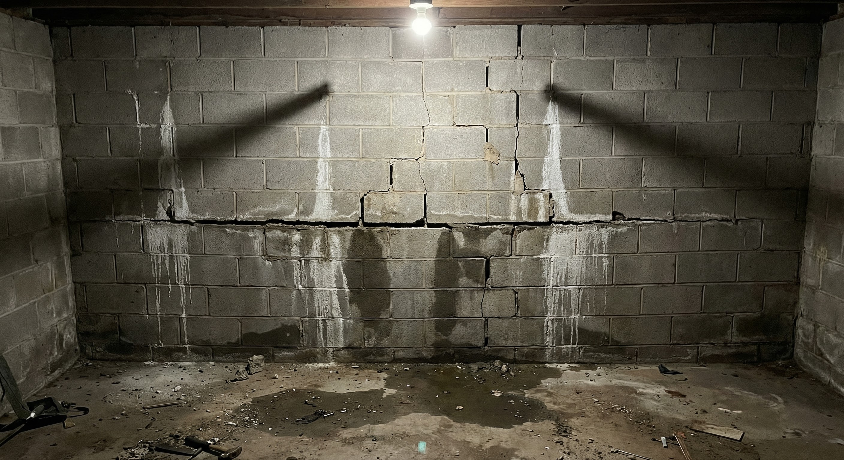 Bowed basement wall before stabilization repair in Cleveland