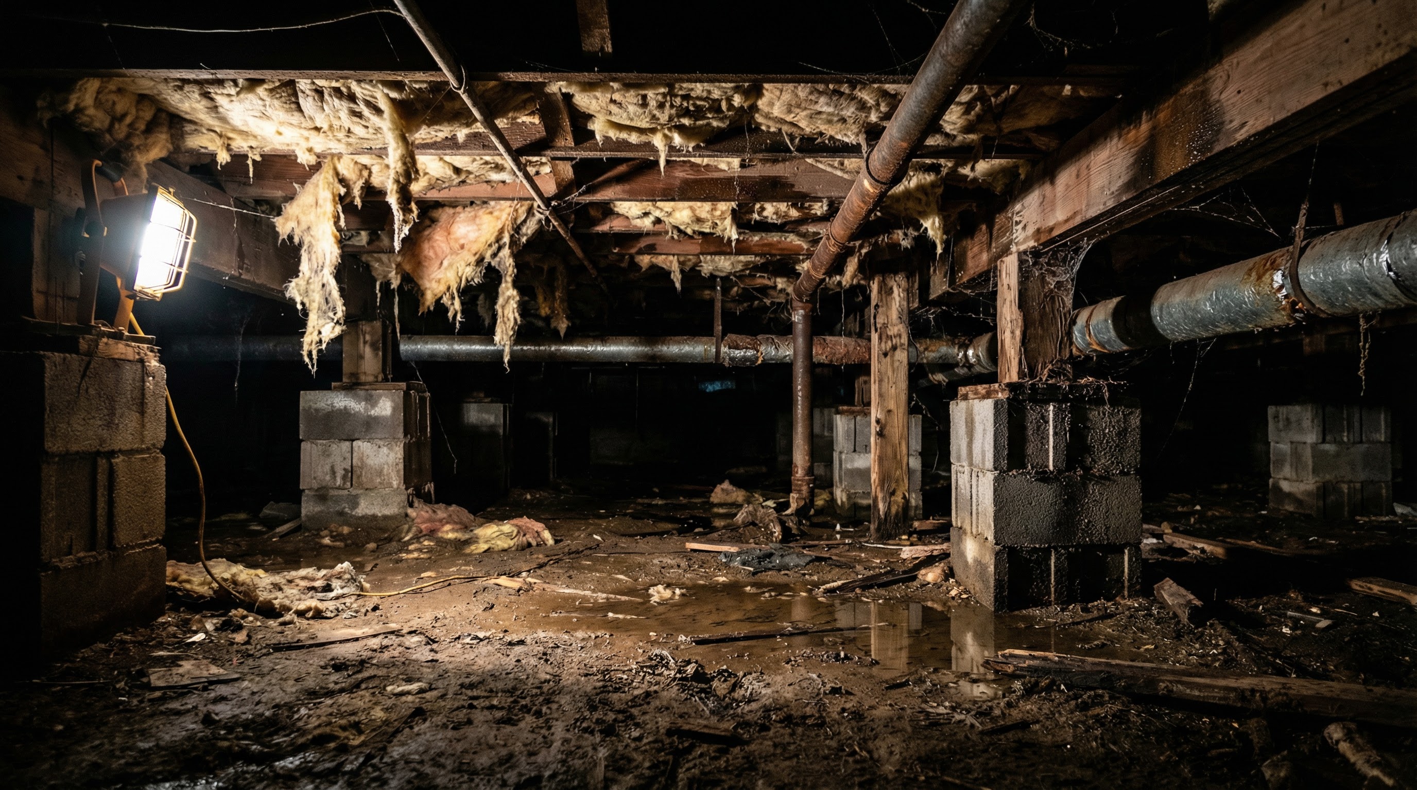 Deteriorated crawlspace with moisture damage before encapsulation