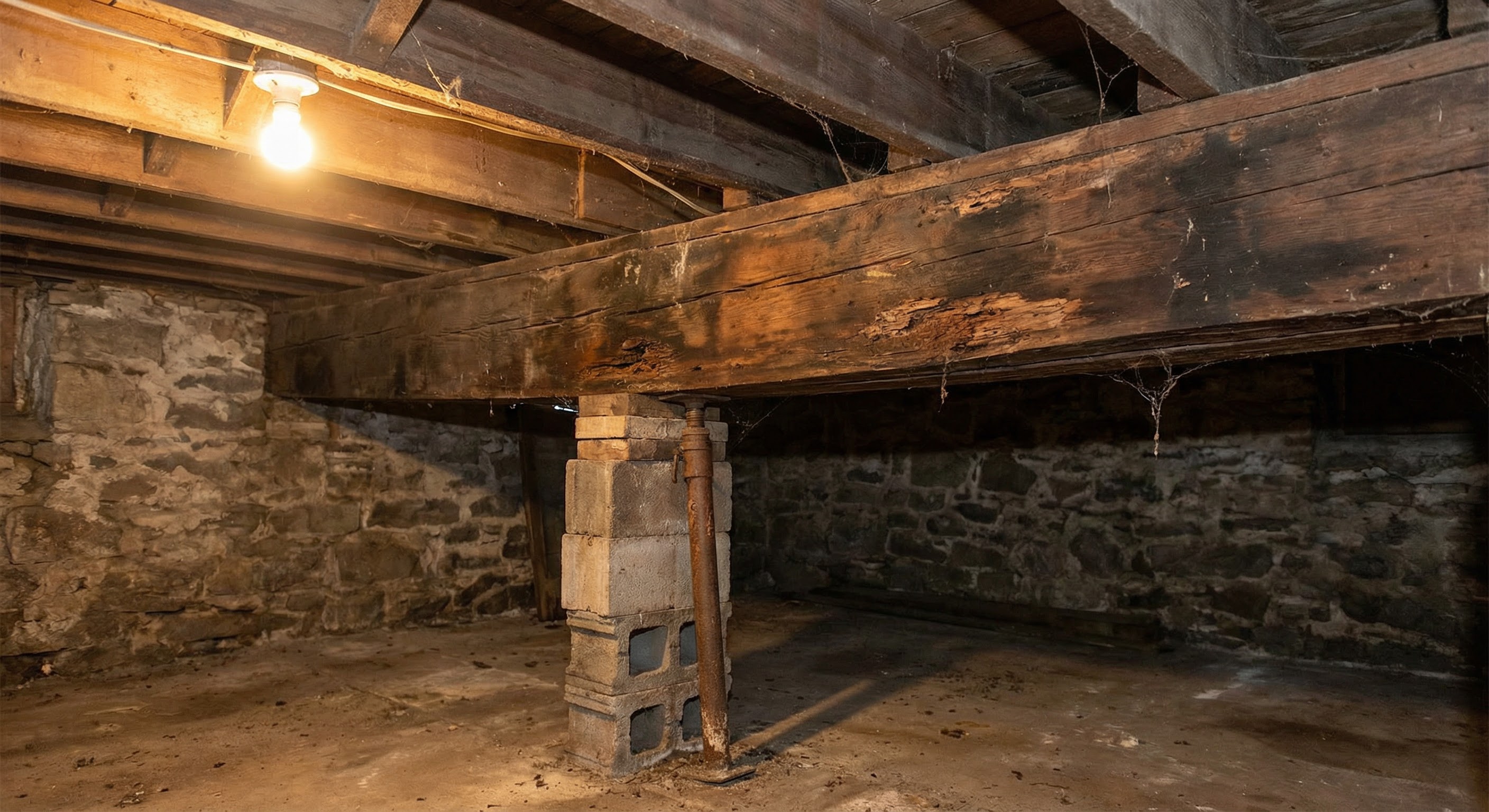 Sagging wood beam in basement before replacement